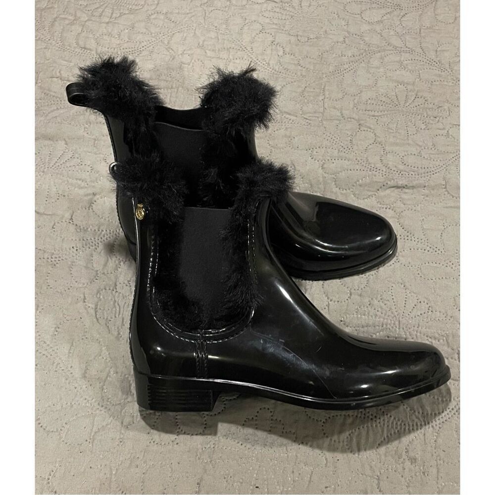 Lemon Jelly Aisha Waterproof Chelsea Rain Boots Black Faux Fur 37 6 6.5